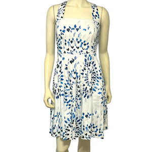 WHBM Sz 4 Halter Sundress Fit & Flare Pleats White & Blue Kaleidoscope Print New